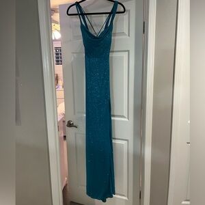 sparkly dark aqua prom dress